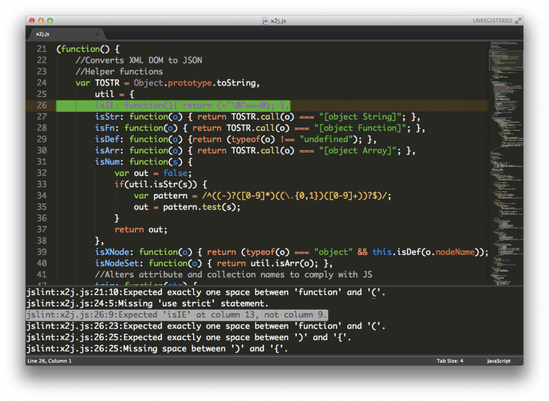 В Sublime Text 3 JSLint подсвечивает строки с ошибкой и даёт подробное описание, что именно здесь не так