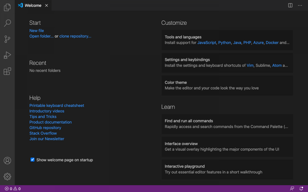 Приветственное окно Visual Studio Code после установки