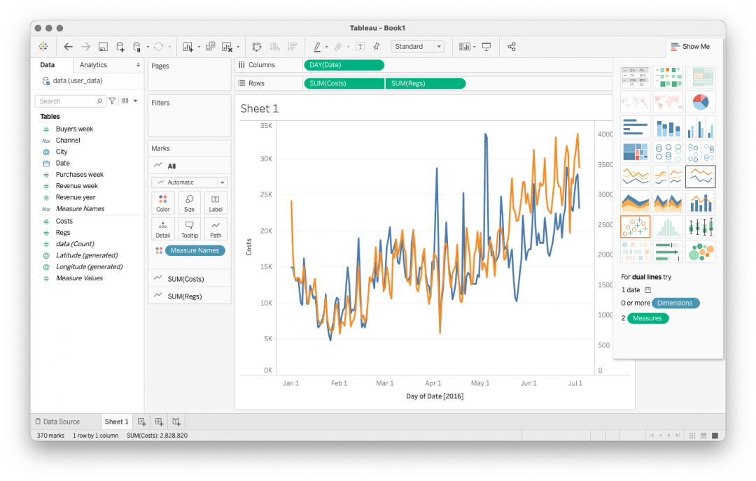 Можно открыть вид графика в правом верхнем углу и наложить оба графика на одну ось Сервис визуализации данных
