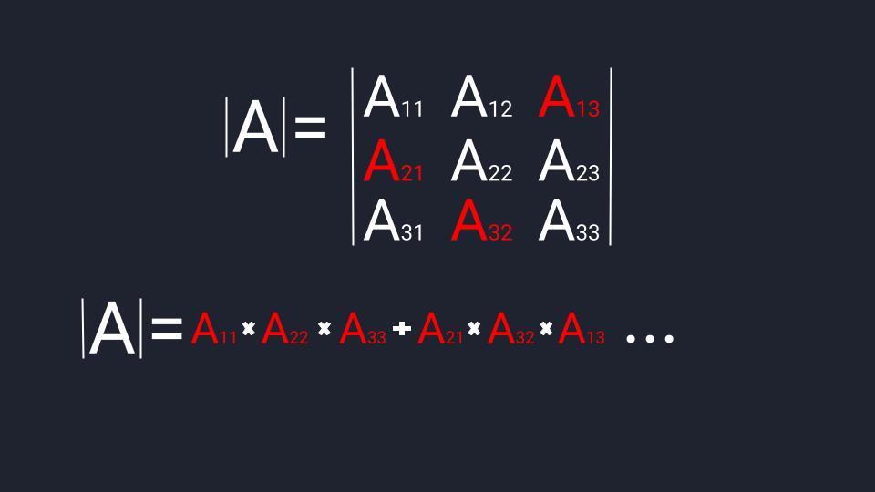 Считаем определитель третьего порядка: 2-й этап — первый треугольник