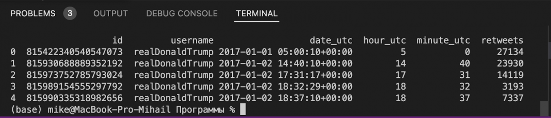 Программа вывела начало нашего датасета — это значит, что данные загрузились нормально и с ними можно дальше работать