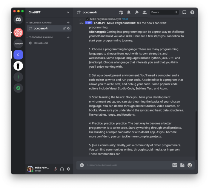 Вариант 1: создаём свой сервер и добавляем бота Как пользоваться ChatGPT в России