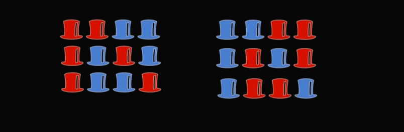 Два оставшихся математика прикидывают, какие вообще комбинации шляп могут быть Ультрасложная задача про шляпы