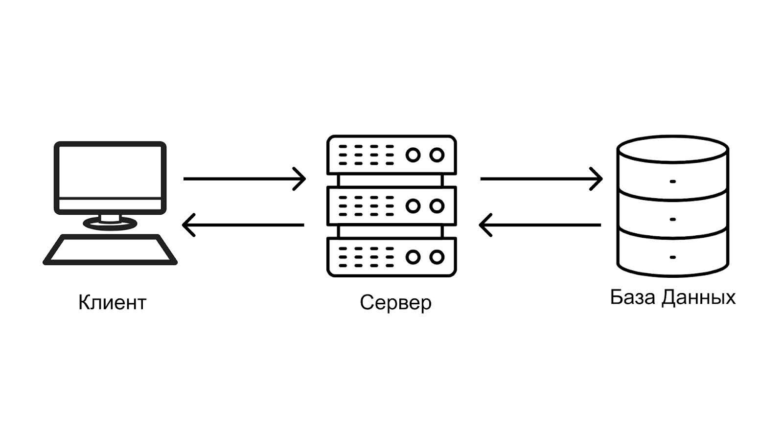Видимая нам часть сайта общается с сервером, а сервер — с базой данных